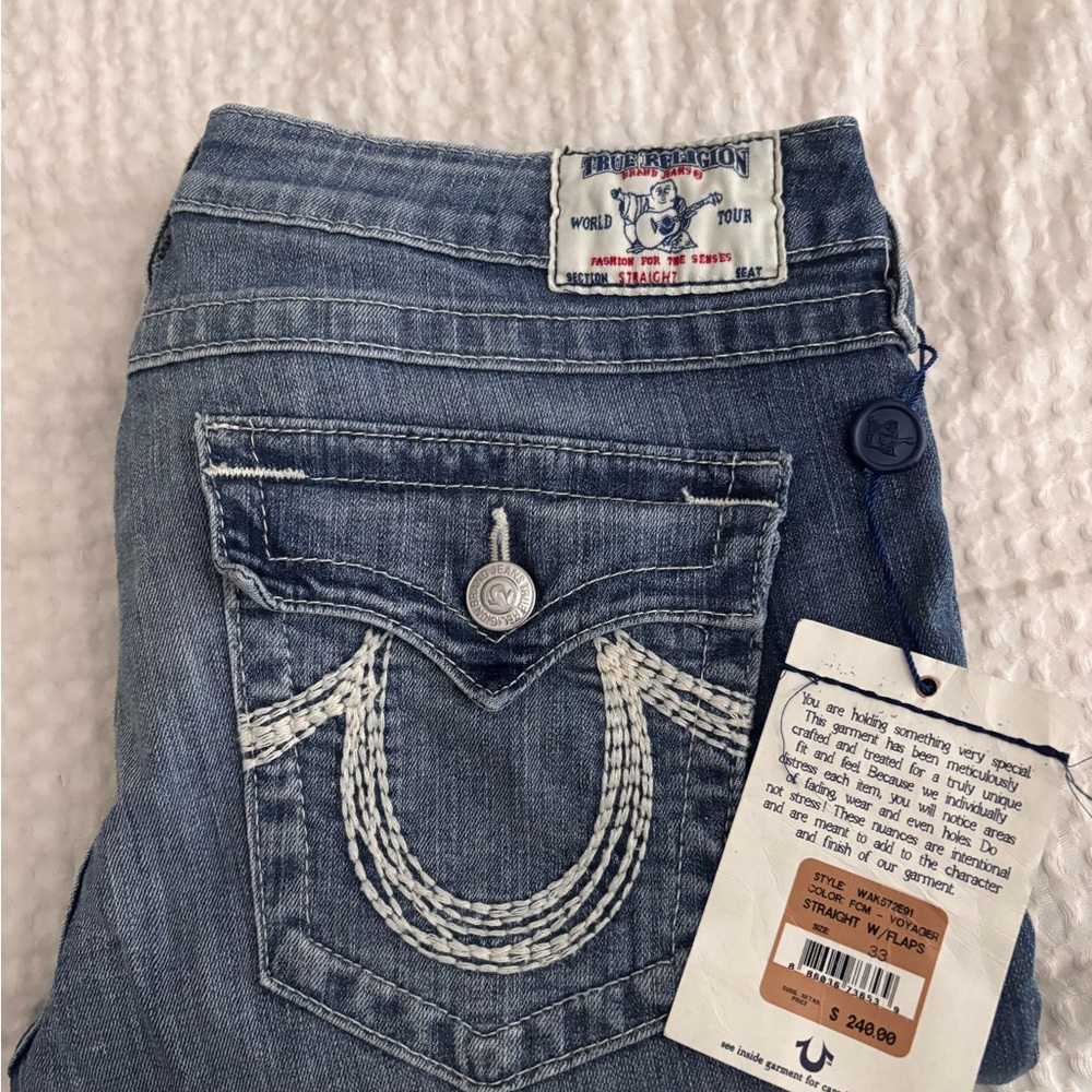 Women’s True Religion Straight Jeans Low Rise Button Flap Pockets Light Wash